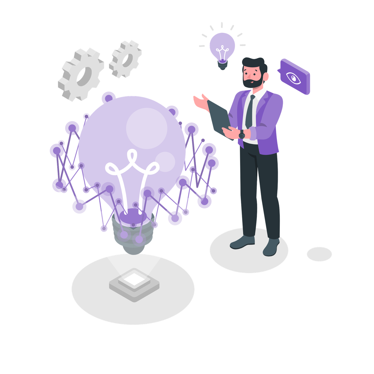 Businessman with tablet standing next to a large glowing AI-powered light bulb with gear icons.
