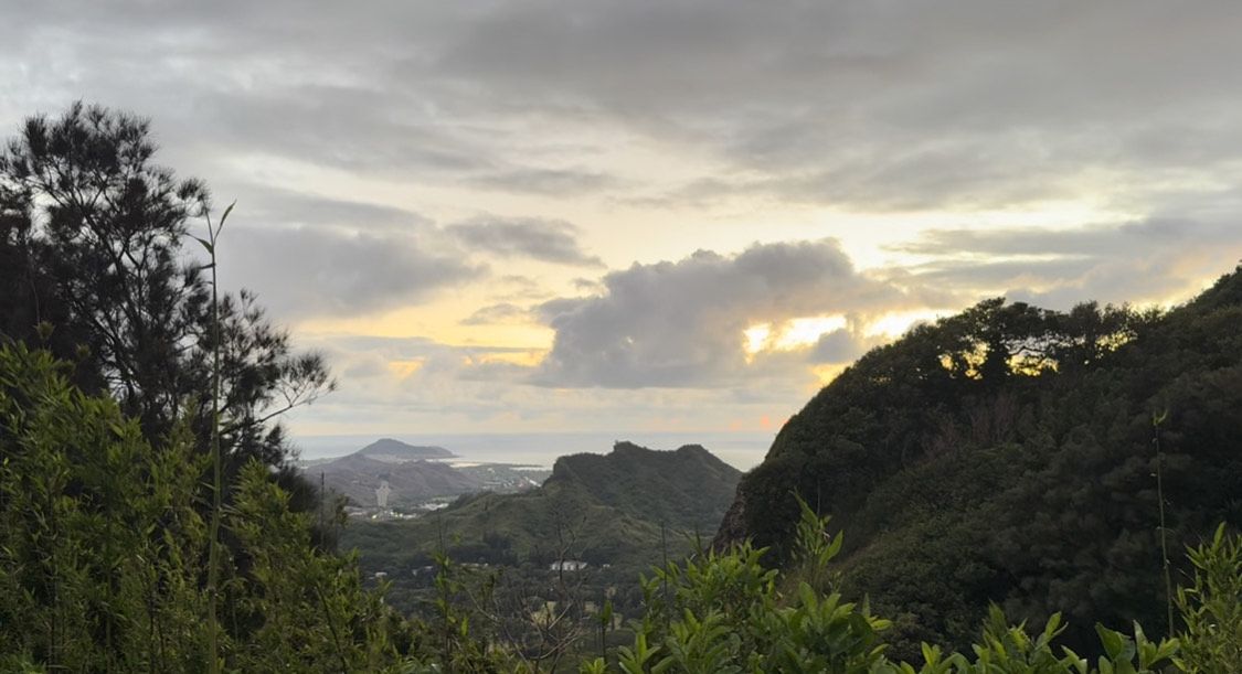 Panoramic vista of a cloudy mountain landscape at sunset with silhouetted trees against a dramatic sky.