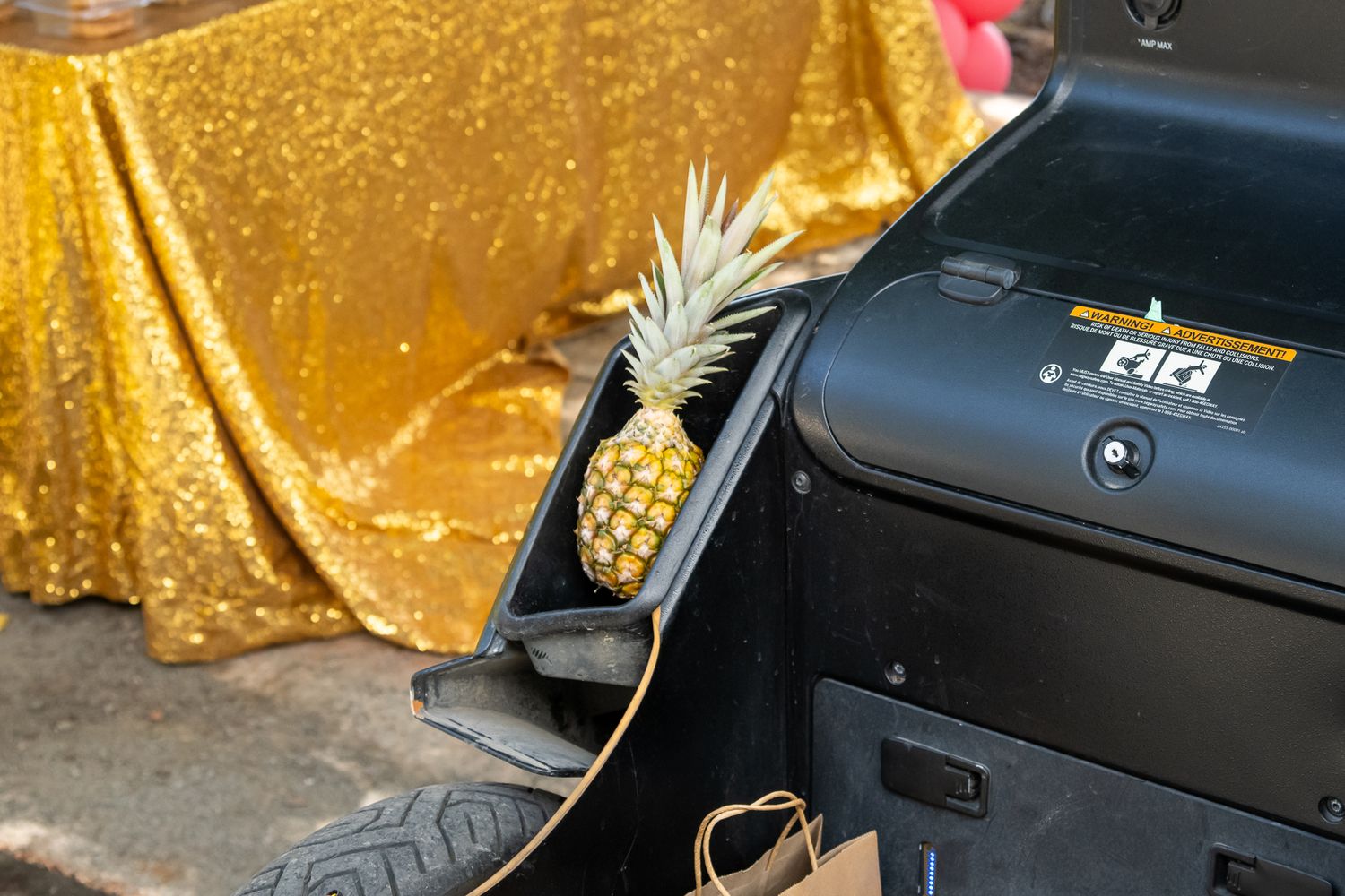A silver pineapple ornament rests beside black luggage against a gold sequin backdrop.