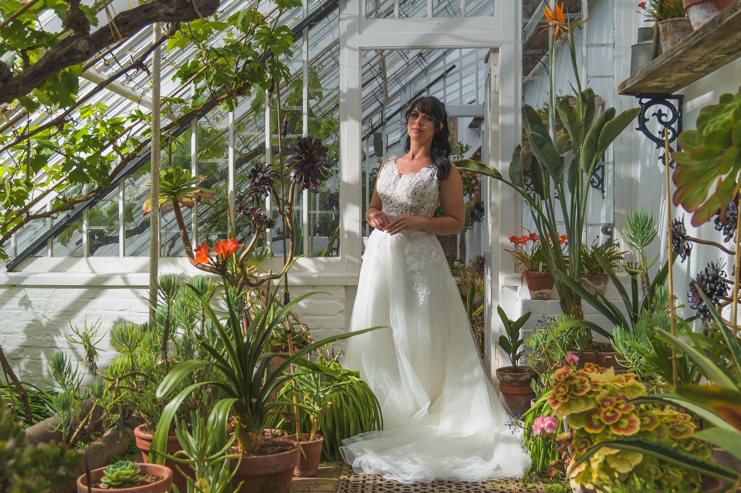 Model wearing a Coastal Bridal gown surrounded by lush greenery at Heligan Gardens in Mevagissey, Cornwall.