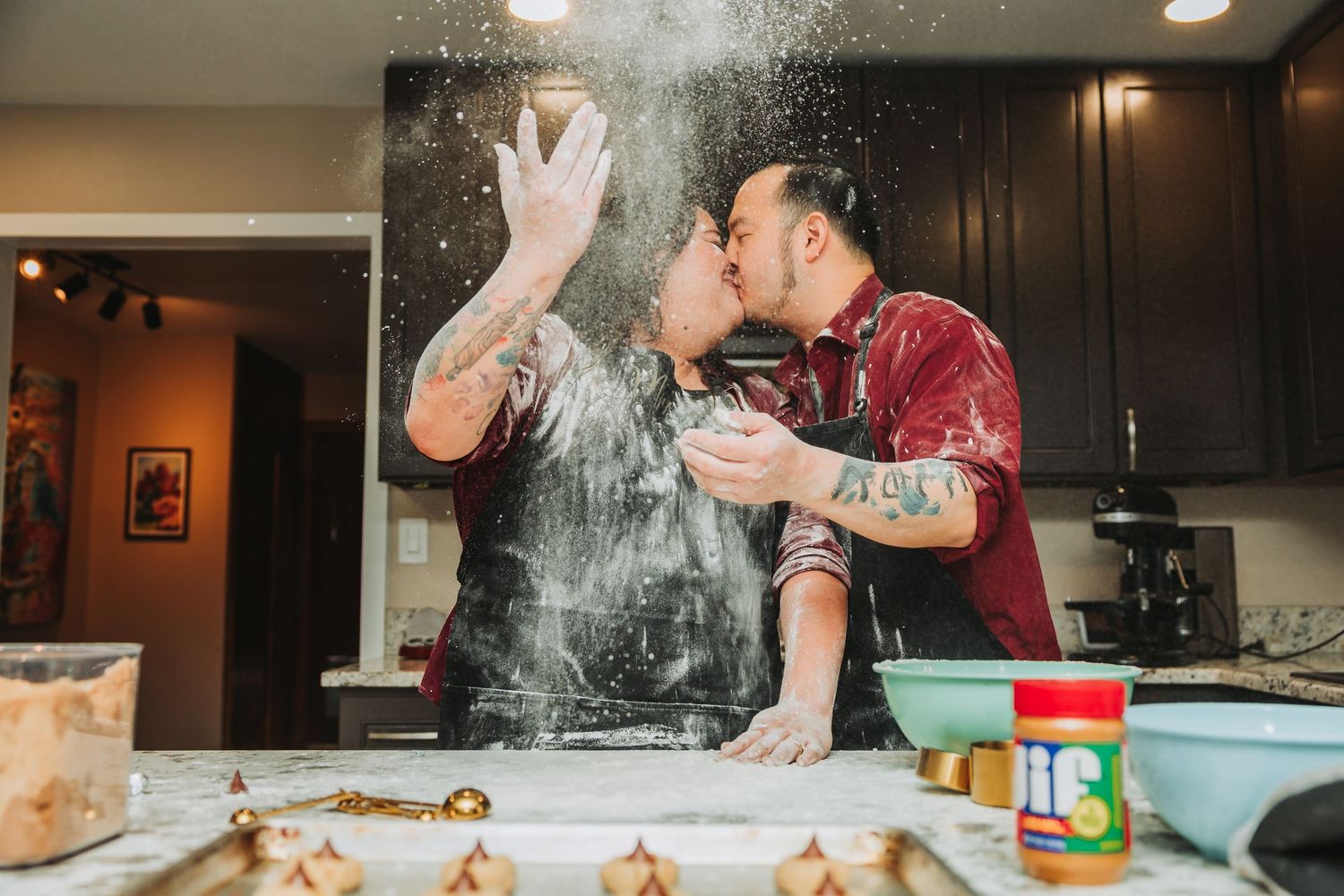 A sequence of baking photos showing flour being tossed and ingredients being mixed in a dimly lit kitchen setting.
