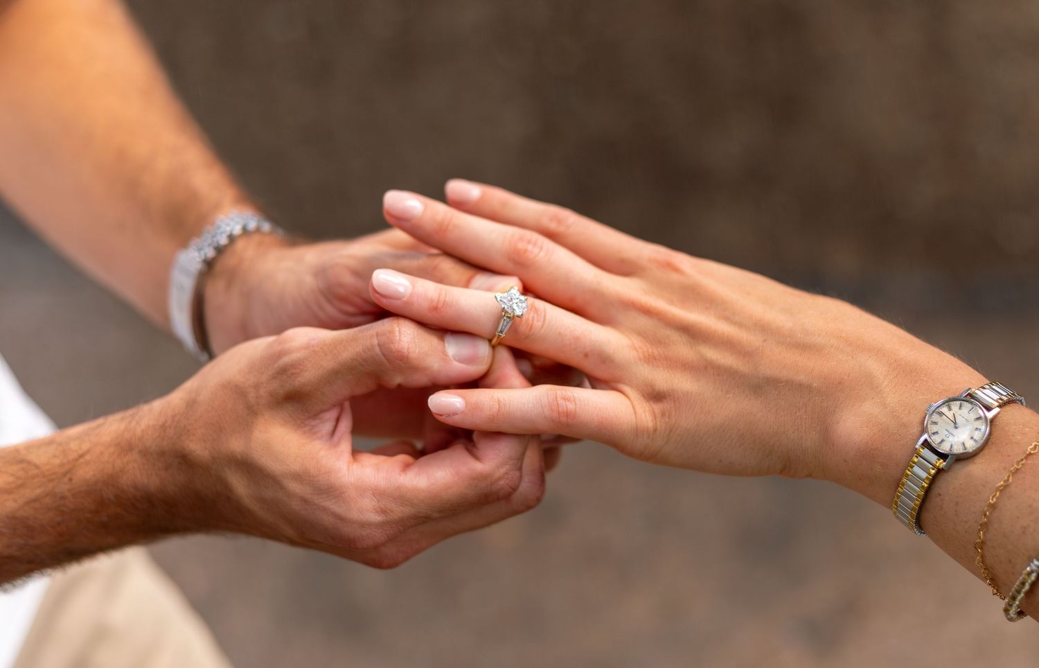 A romantic sequence of wedding photos showing a couple sharing a tender kiss in warm sunlight.