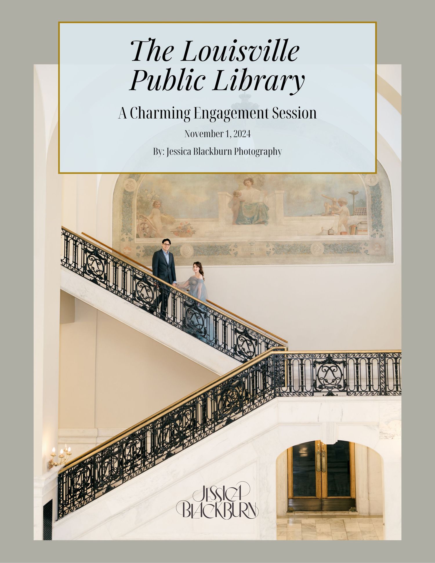Engagement photo at Louisville Library featuring ornate staircase and architectural details.
