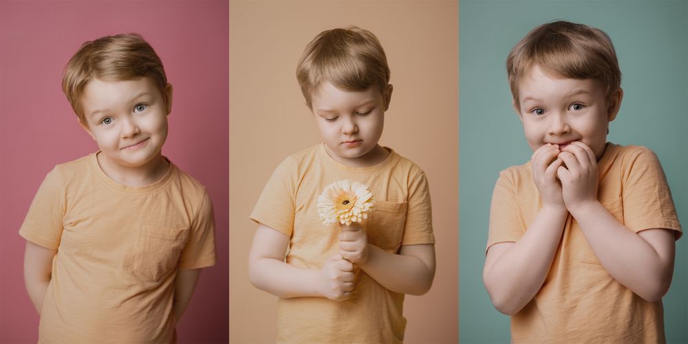 Three expressions of emotion shown in a triptych style portrait series against pink, tan, and blue backgrounds.