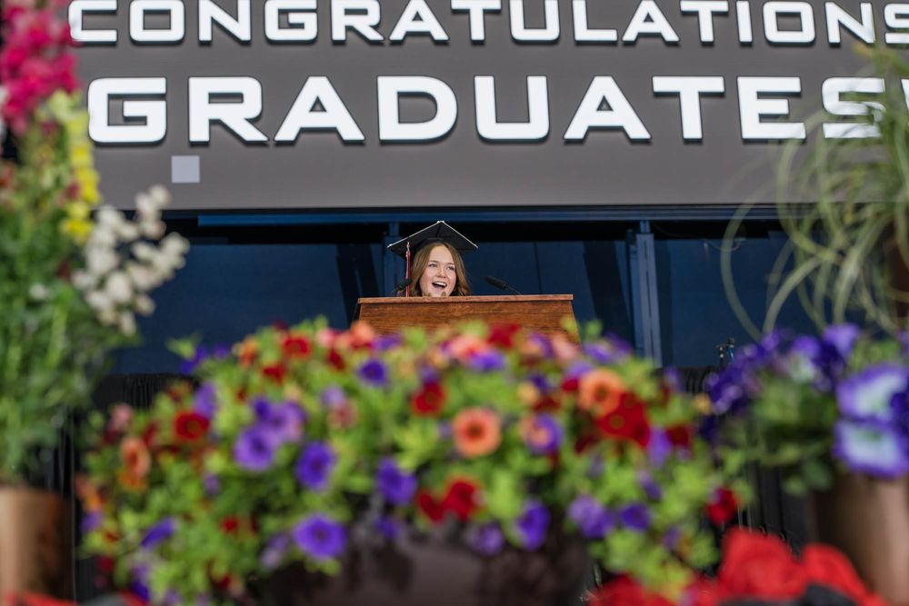 Michaela Sims gives the closing remarks during the 2025 Coconino High School graduation on May 23, 2025.