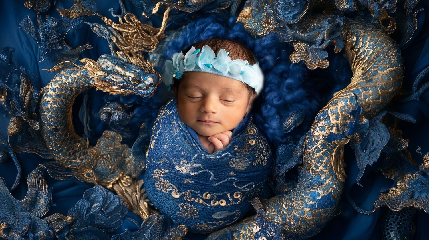 Sleeping infant wrapped in blue blanket surrounded by decorative golden dragon designs in Chinese cultural style. Newborn Photoshoot