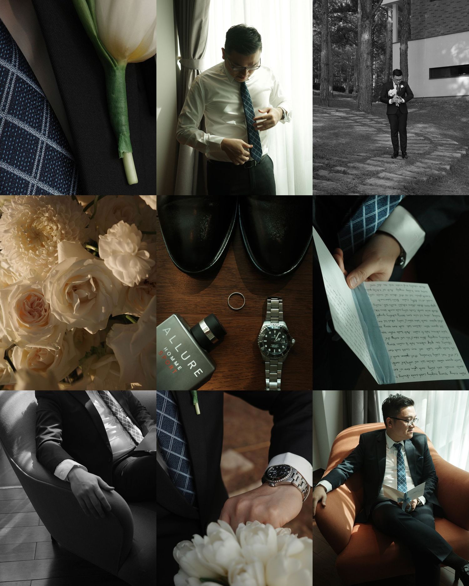 Wedding day details collage featuring flowers, suits, watches and accessories in moody tones.