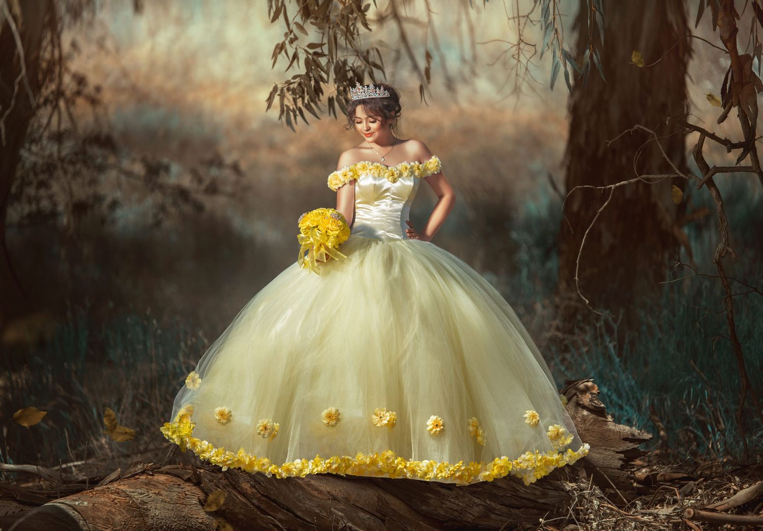 A magical fairy tale scene features a flowing yellow and white ball gown in an enchanted misty forest setting.
