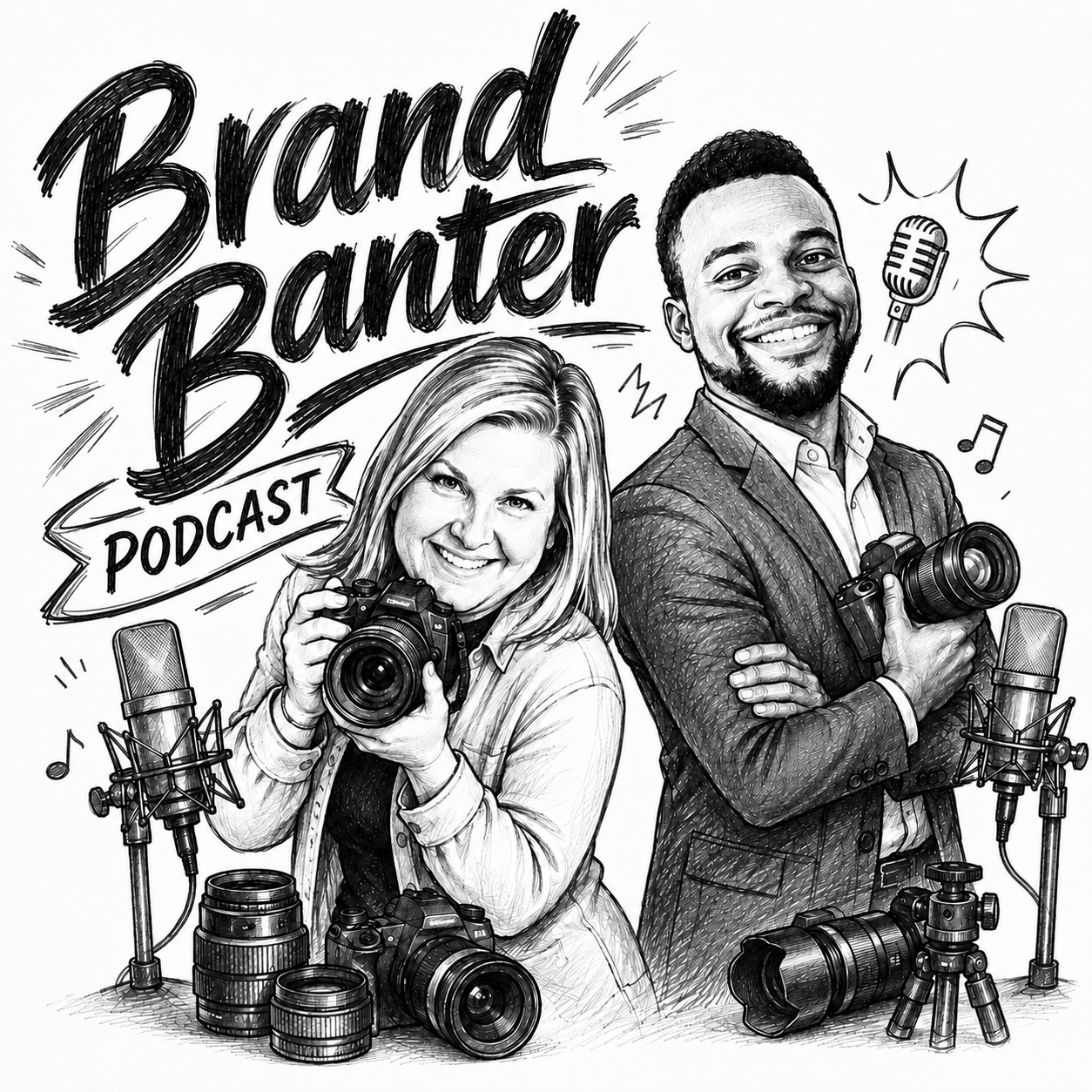 Pencil sketch logo of Brand Banter Podcast featuring a woman with camera and smiling man in suit surrounded by mics.