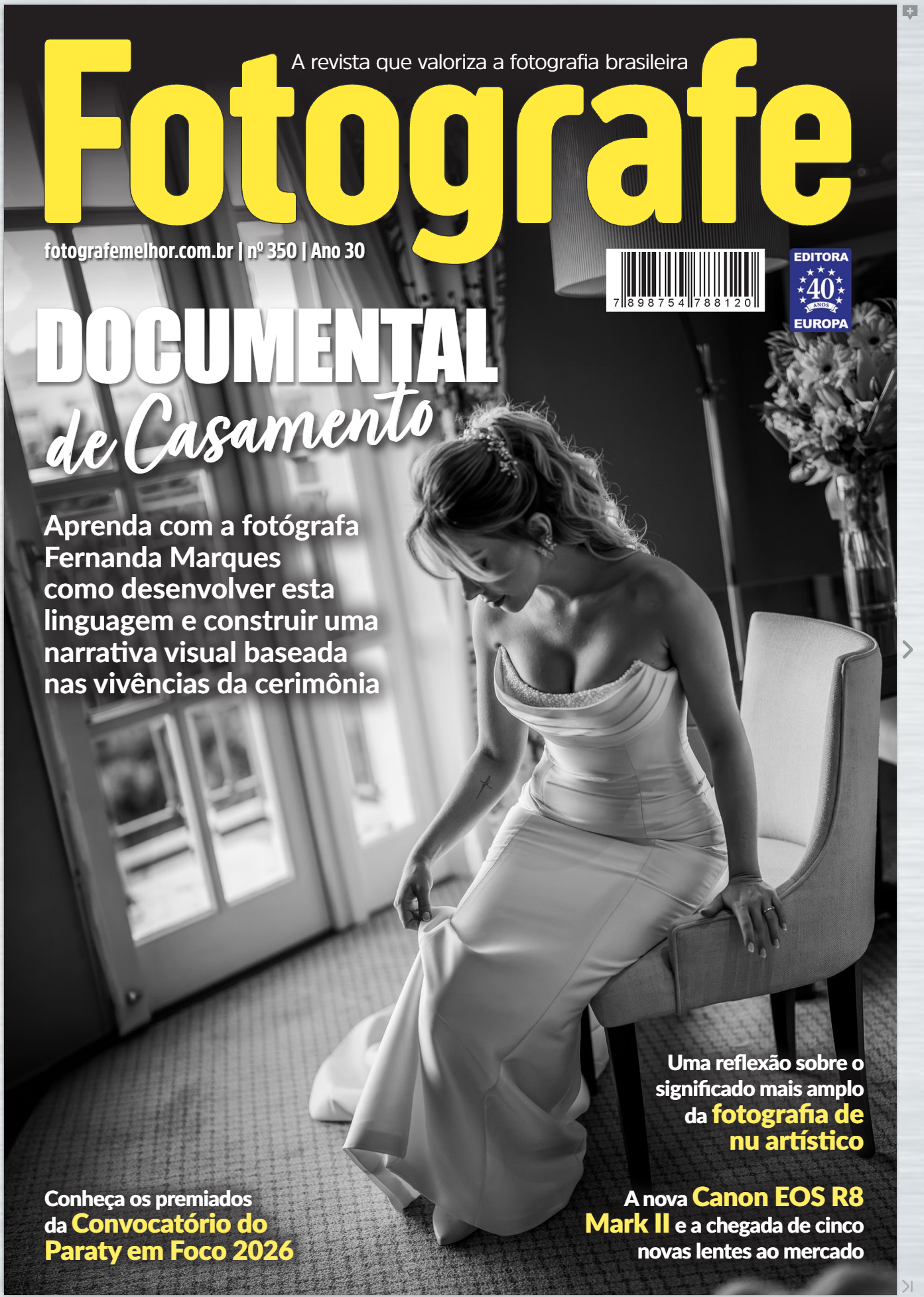 Brazilian photography magazine Fotografe cover featuring a bride in a white gown, black and white editorial style.