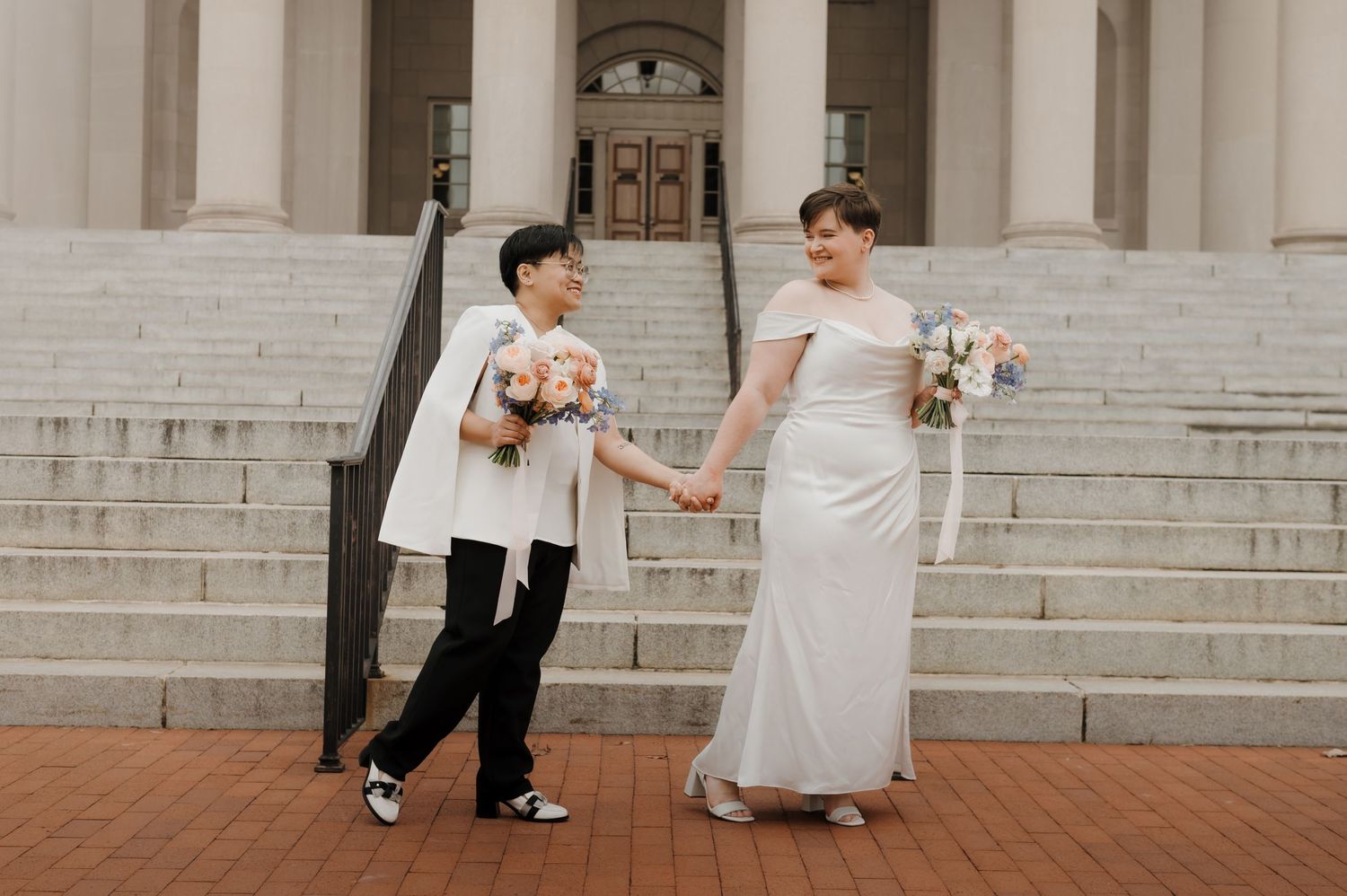 A romantic couple embraces during a golden sunset photoshoot in a Georgetown, Washington DC.
