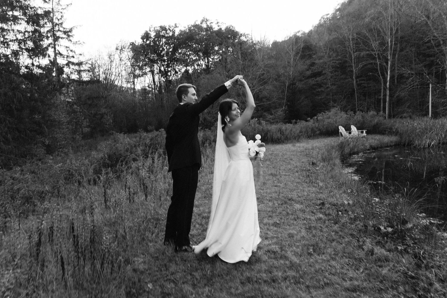Aerial view of an outdoor wedding ceremony in the Catskills at La Valley Estates in Long Eddy, NY.