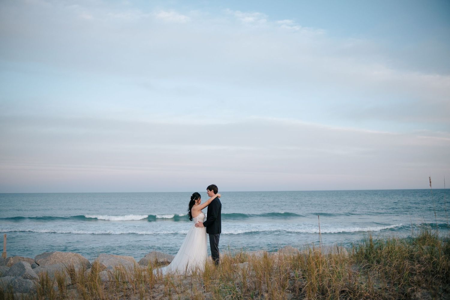 Multiple ocean beach images with scenic landscapes showing coastal elements and soft lighting at sunset.