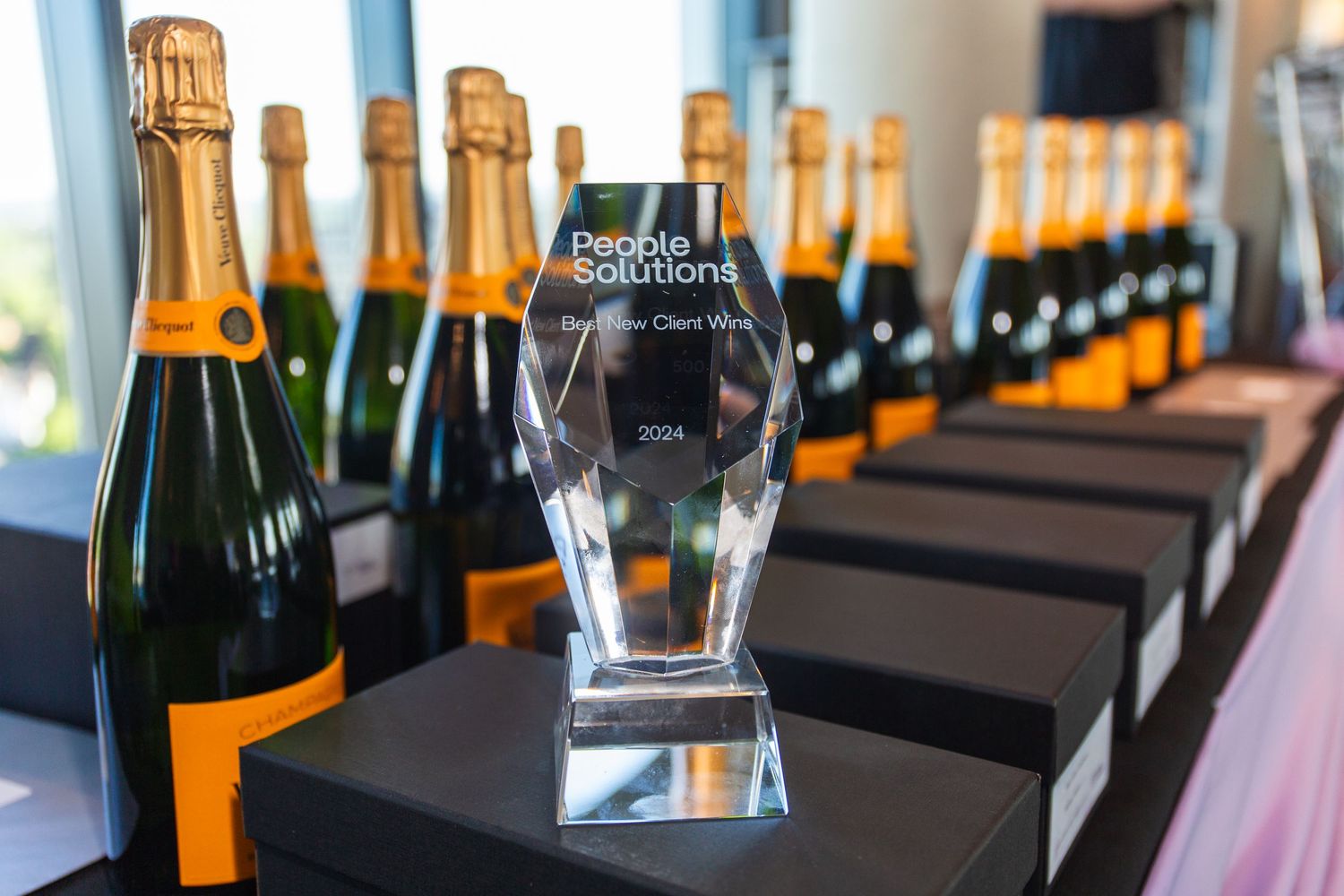 Row of champagne bottles with an award trophy displayed on black blocks.