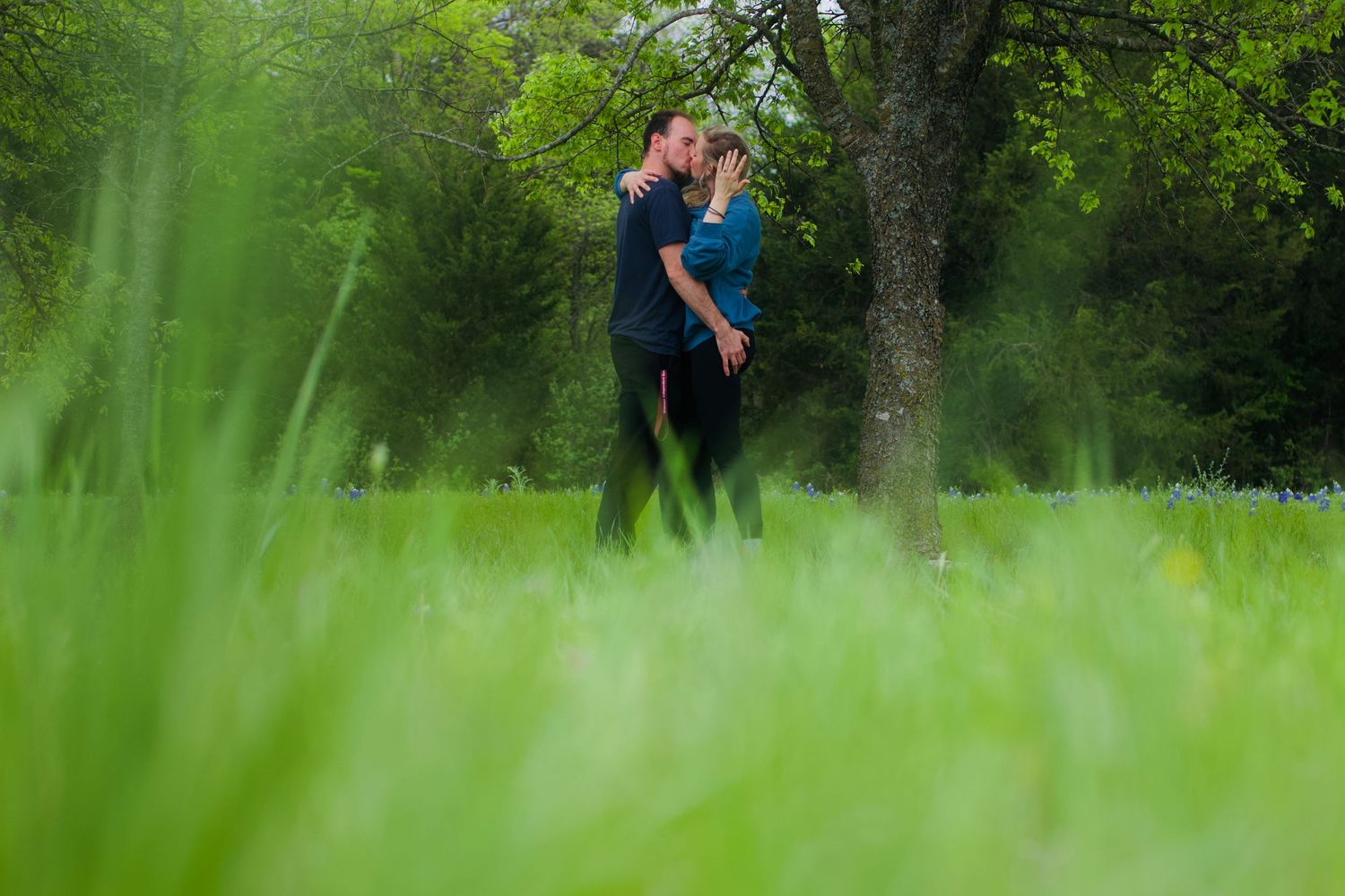A just engaged couple embraces in a green summer meadow with tall grass and trees in the background.