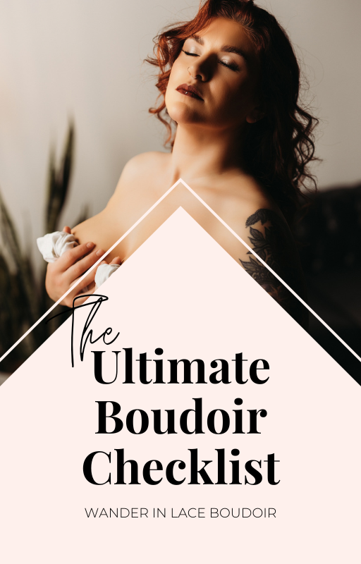A stylish boudoir photography checklist cover with moody lighting and elegant typography against a soft portrait background.