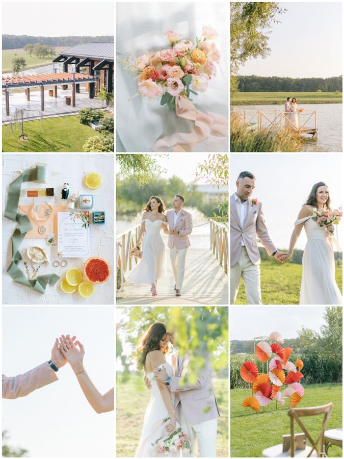 A collection of light and airy wedding photos featuring romantic moments and floral details.