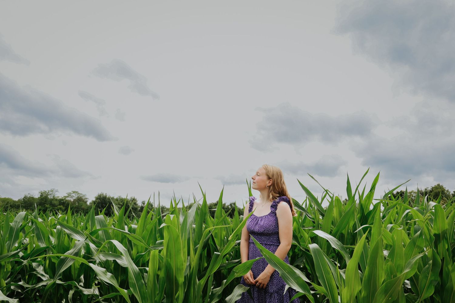 A person stands thoughtfully in a lush green cornfield under cloudy skies.