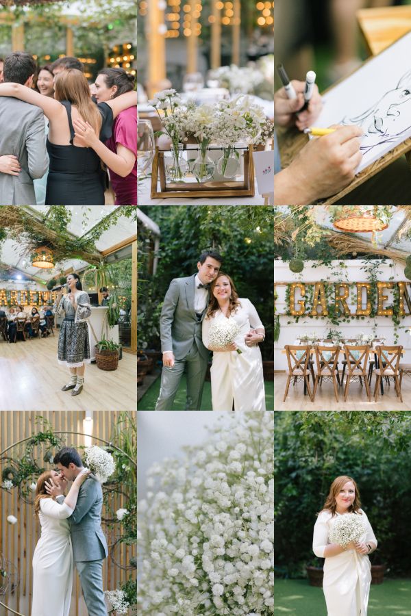 Wedding photo collage featuring floral arrangements, outdoor venue details, and romantic moments.