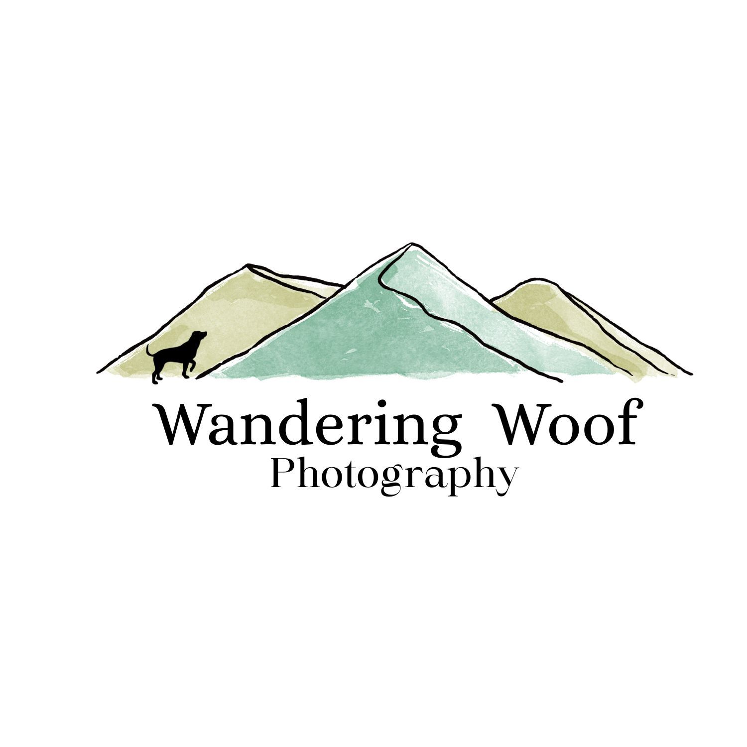Business logo for Wandering Woof Photography featuring watercolor mountain range and minimalist dog face illustration.