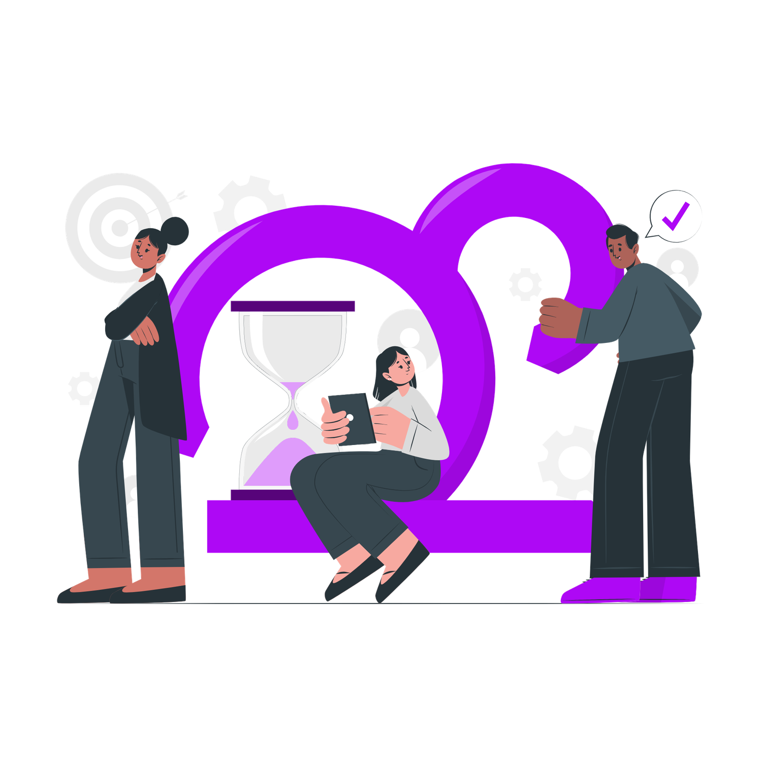 Illustration of people with a large Libra zodiac symbol, hourglass, and checkmark representing balance and time management.
