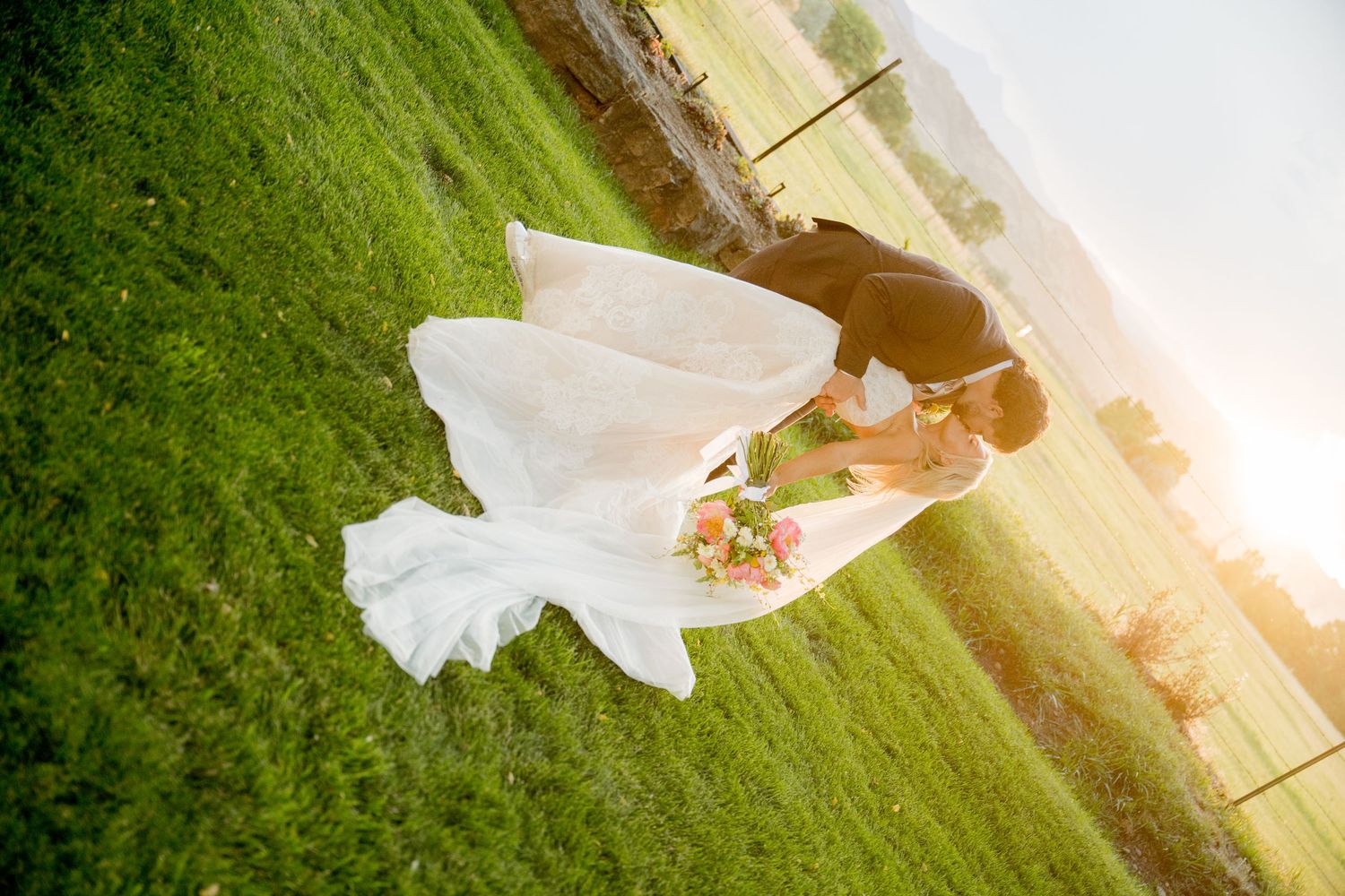 A panoramic view of a white porch with columns and a figure in a flowing wedding dress striking various poses.