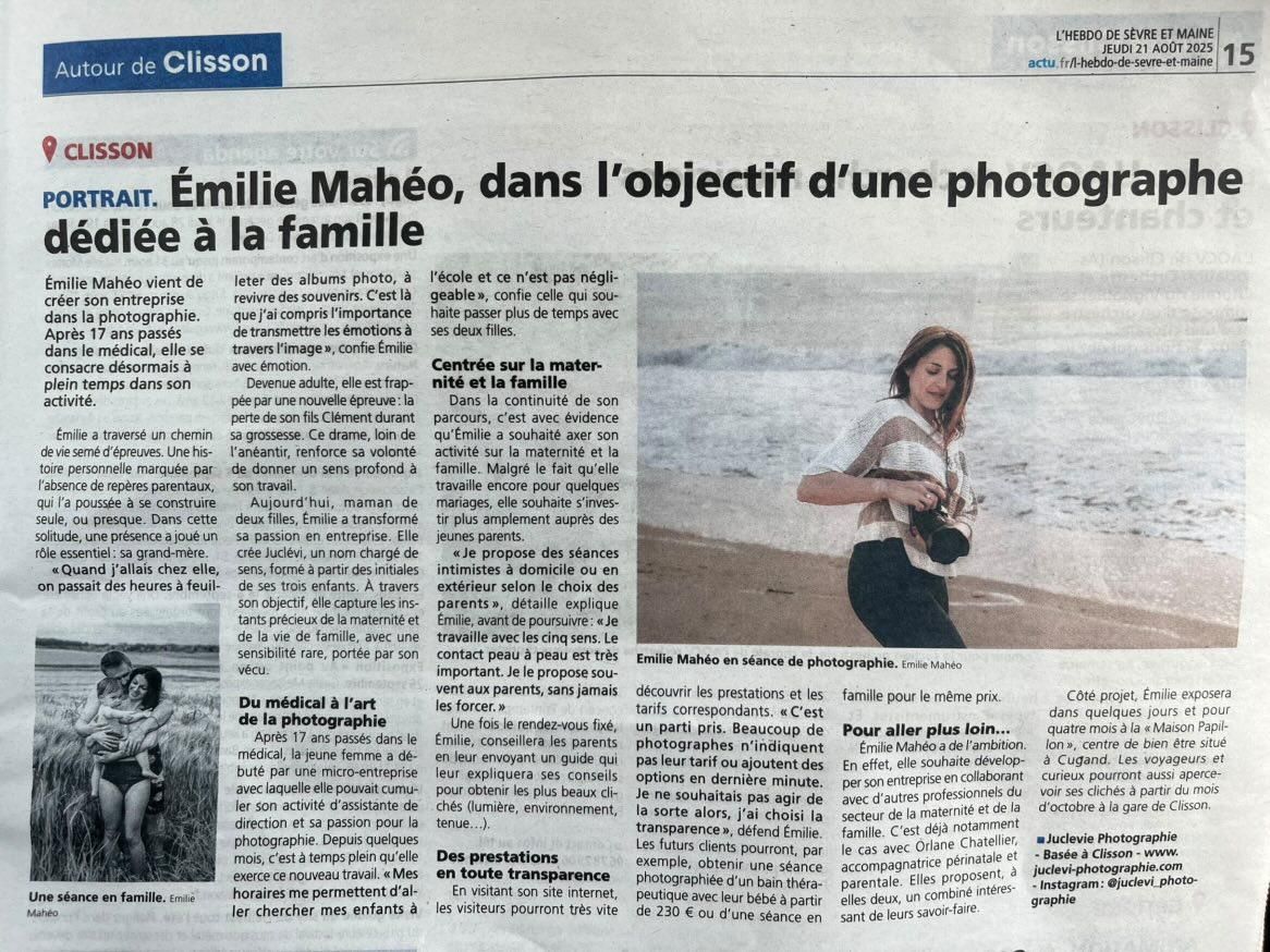 Newspaper article with photos showing a photographer on a beach capturing family portraits in soft natural light.