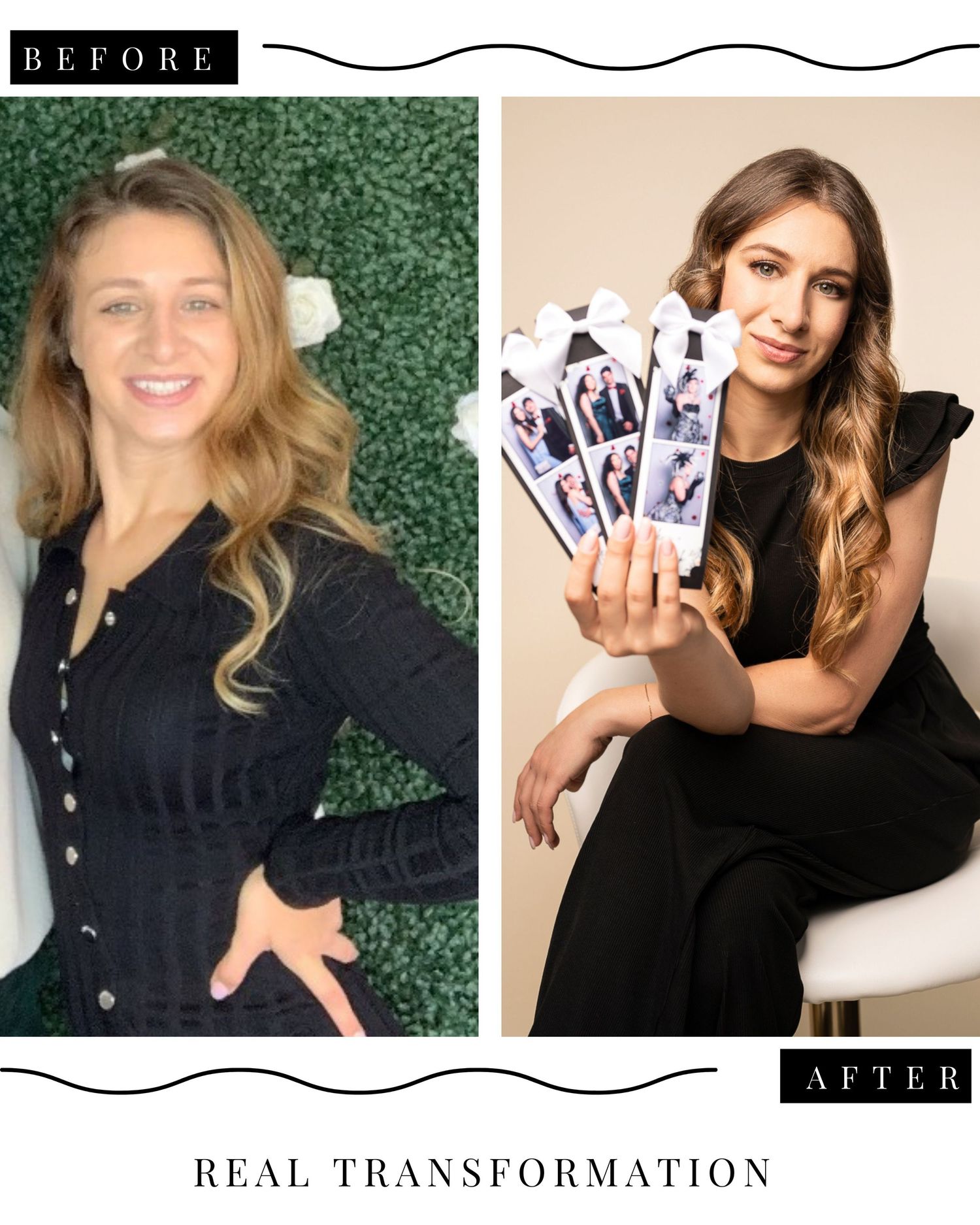 Before and after transformation photos showing a woman posing with marketing materials.