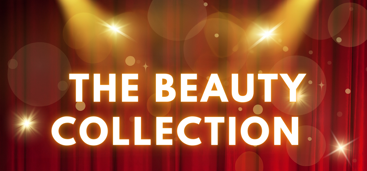 Gold text reading 'THE BEAUTY COLLECTION' on red curtain background with sparkles and spotlight effects.