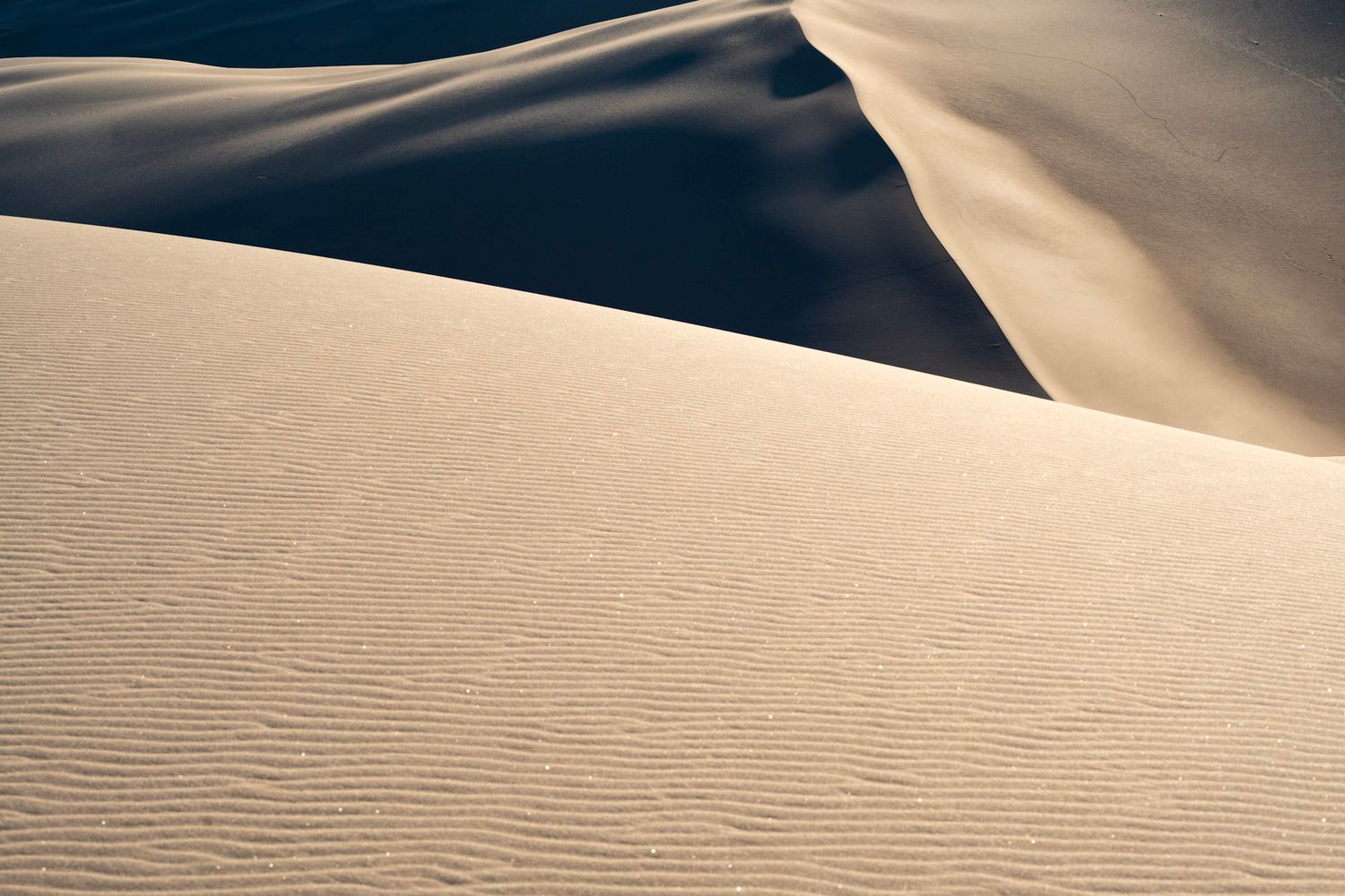 Ethereal sand dunes create flowing curves and ripples against a bright desert landscape with dramatic shadows and textures.