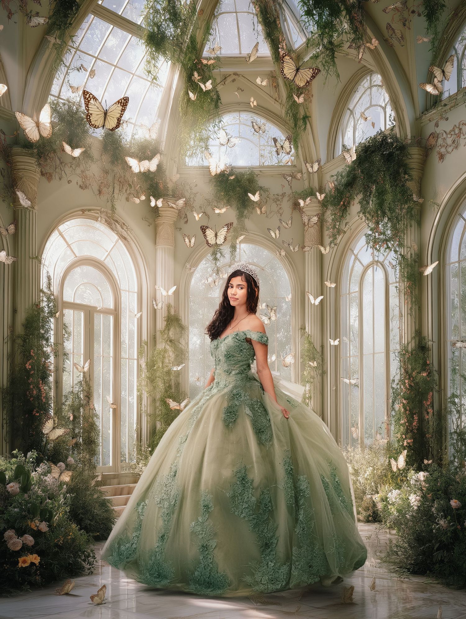 A green ballgown glows ethereally in an ornate white conservatory setting with arched windows and hanging foliage.