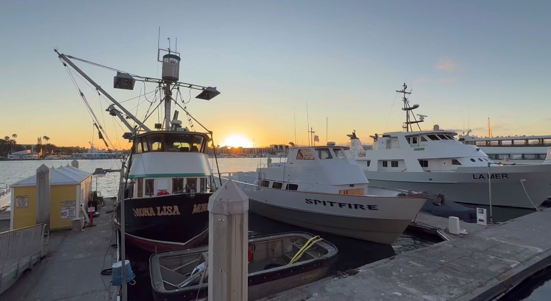 Commercial fishing boats docked at a marina during sunset with golden light reflecting off calm waters.