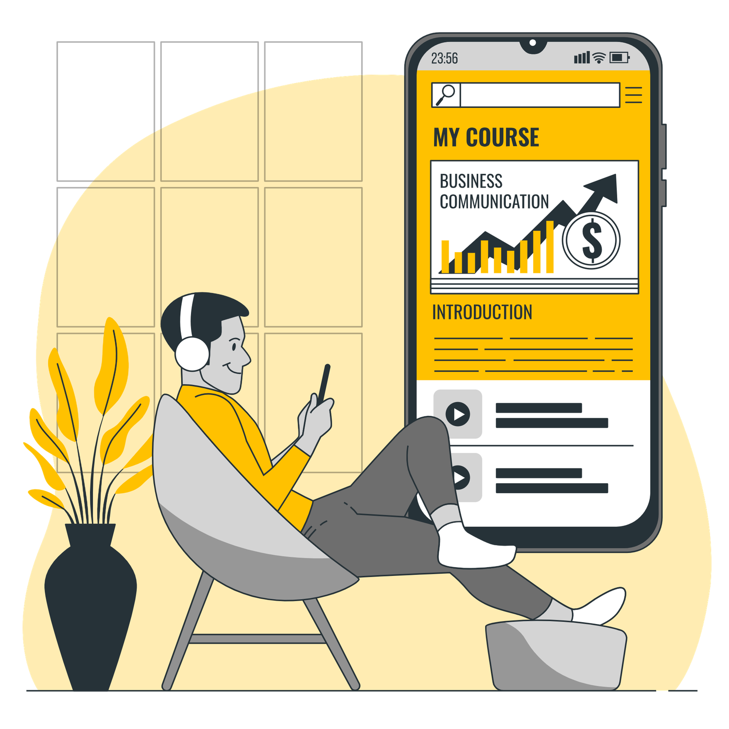 Illustration of a man relaxing and taking an online business communication course on mobile.