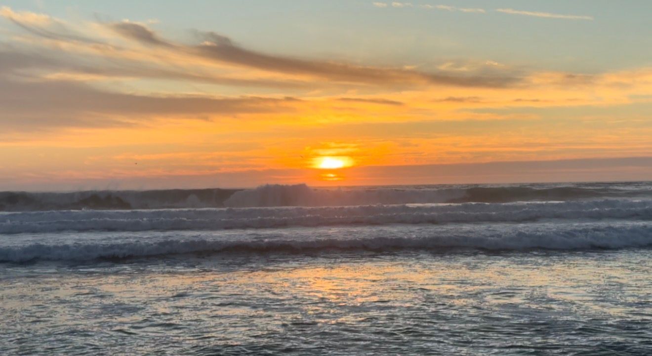 Panoramic collage of ocean waves and dramatic sunset skies in vibrant orange and blue hues along the coastline.