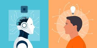 A robotic AI face and a human face profile facing each other, symbolizing artificial intelligence vs humanity.