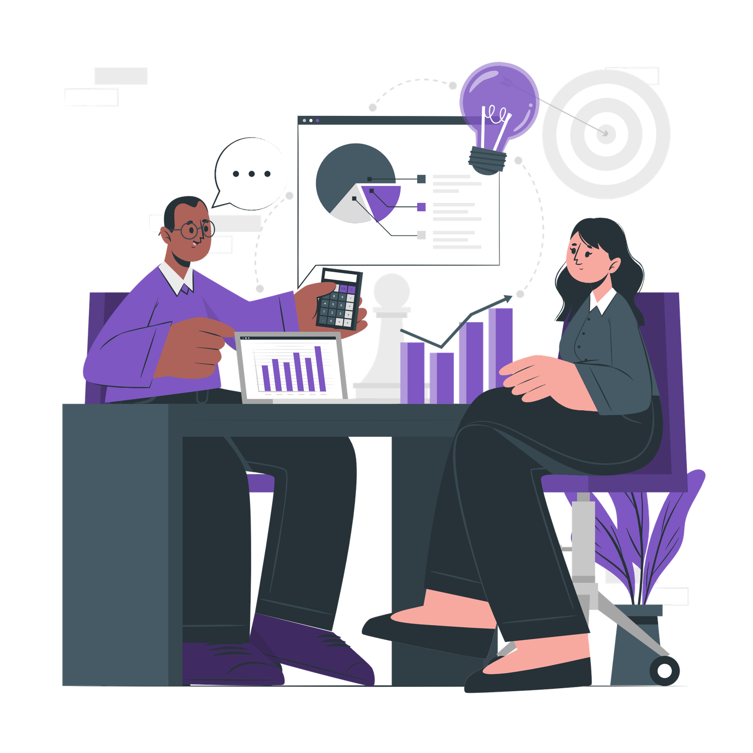 Two professionals discuss business analytics with charts, calculator, and growth graphs in a modern office meeting.