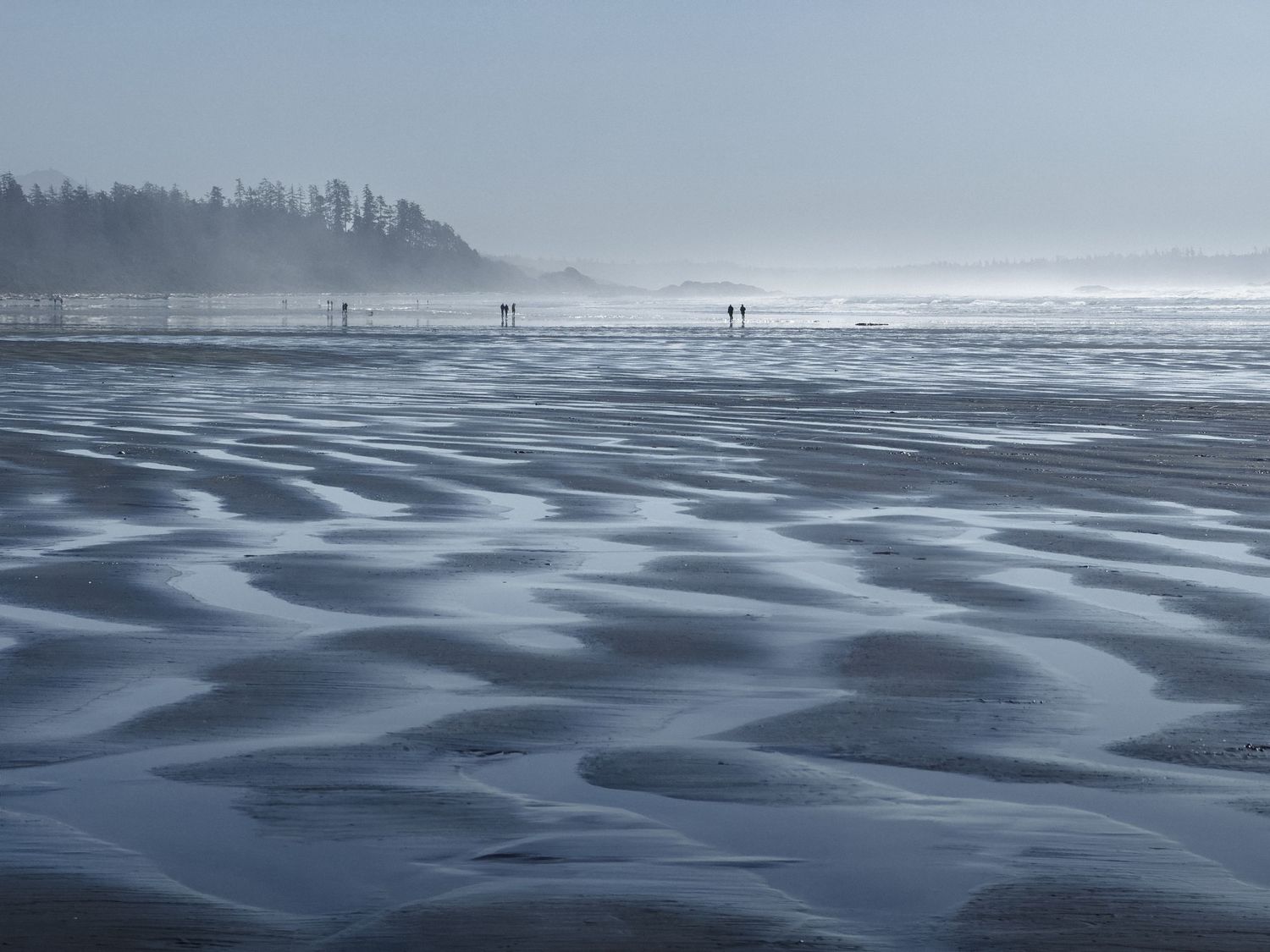 Dramatic seascape showing rippling waves and misty coastline at sunset.