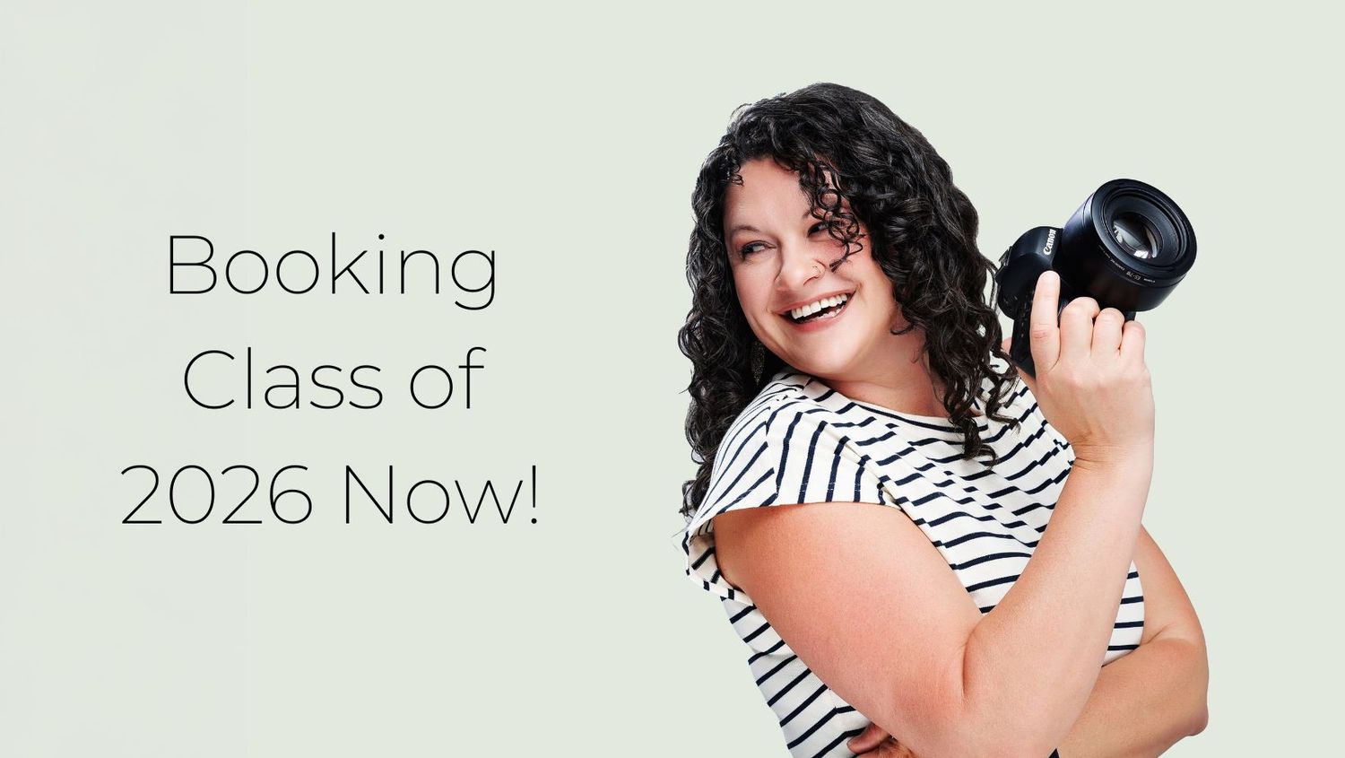 Black and white striped photography promotional banner for Class of 2026 senior portrait bookings.