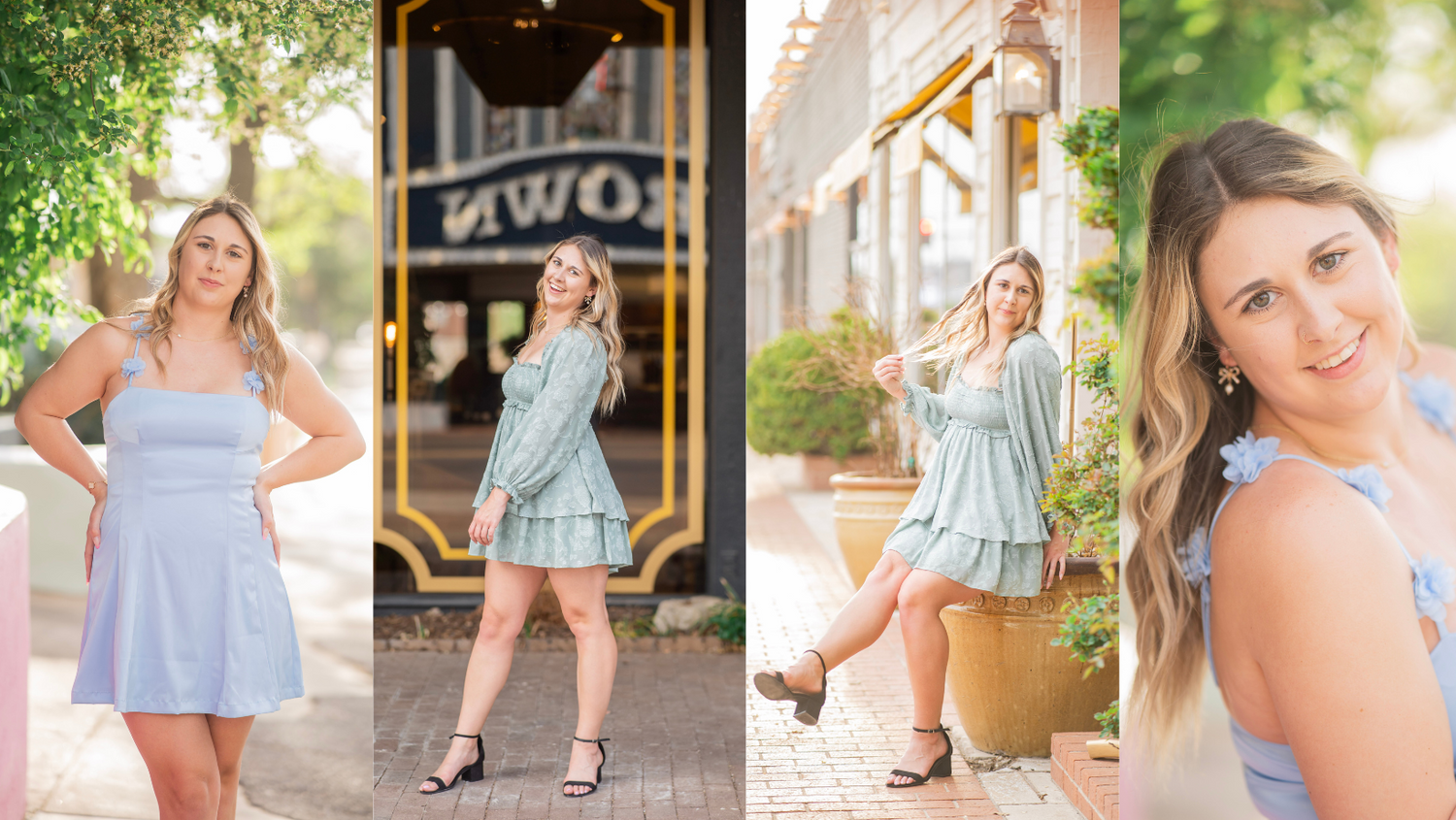 Four-panel senior portrait collage of a blonde girl in light blue dresses posing on a charming downtown street.