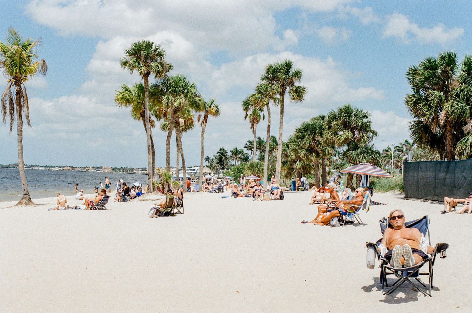 Beachgoers relax on white sand surrounded by tall palm trees at a sunny Florida beach near the ocean.