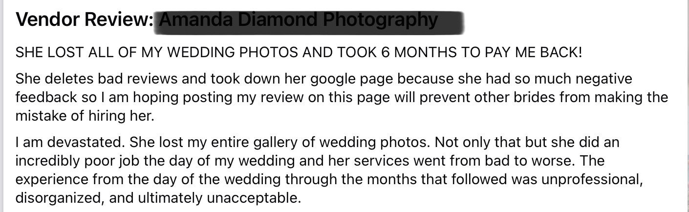Negative vendor review for Amanda Diamond Photography alleging lost wedding photos and unprofessional service.