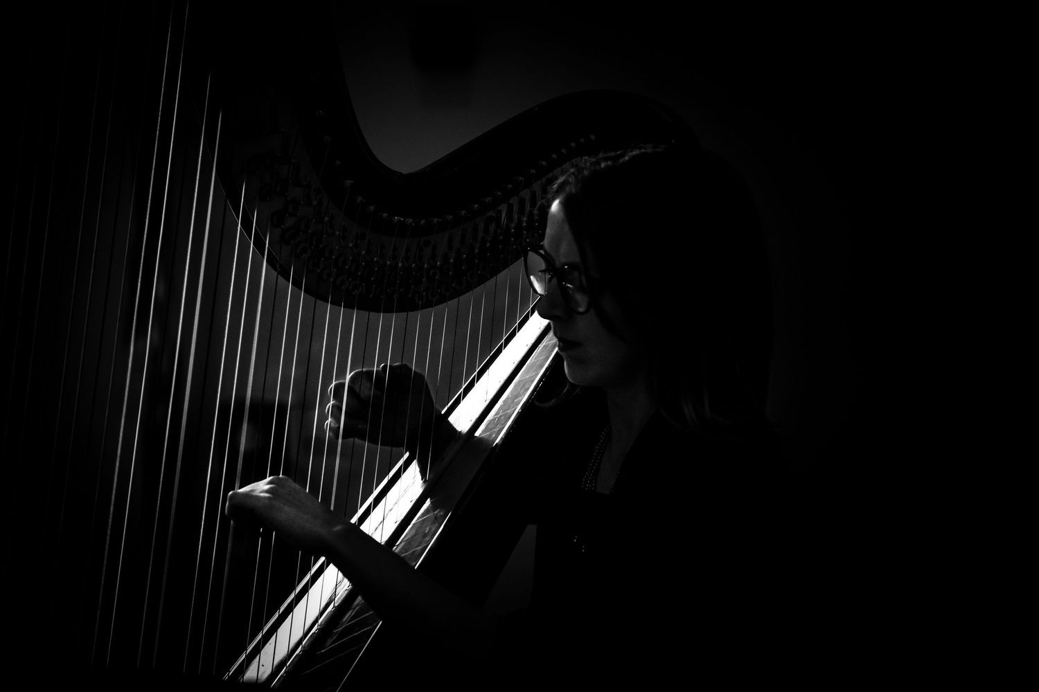A harpist plays a large harp in dramatic black and white lighting, silhouetted against a dark background.