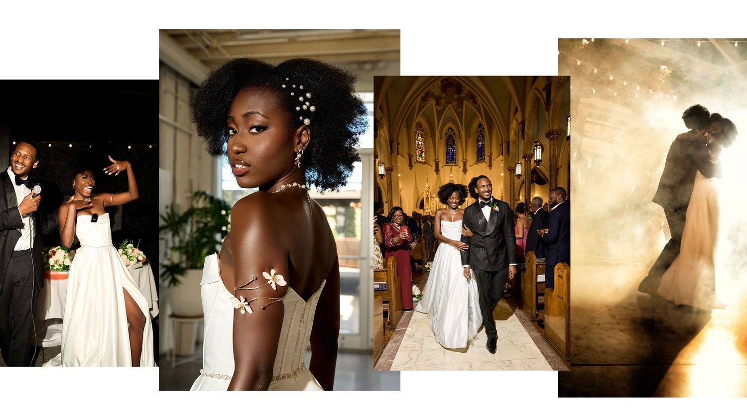 Elegant Black couple in wedding attire posing at a formal venue, bride in white gown, groom in tuxedo.