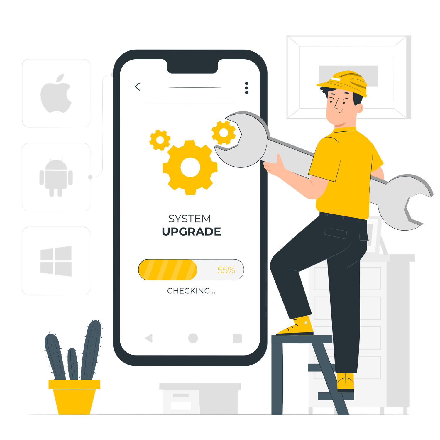 Technician upgrading mobile system app using wrench tool with gear icons and progress bar on screen.