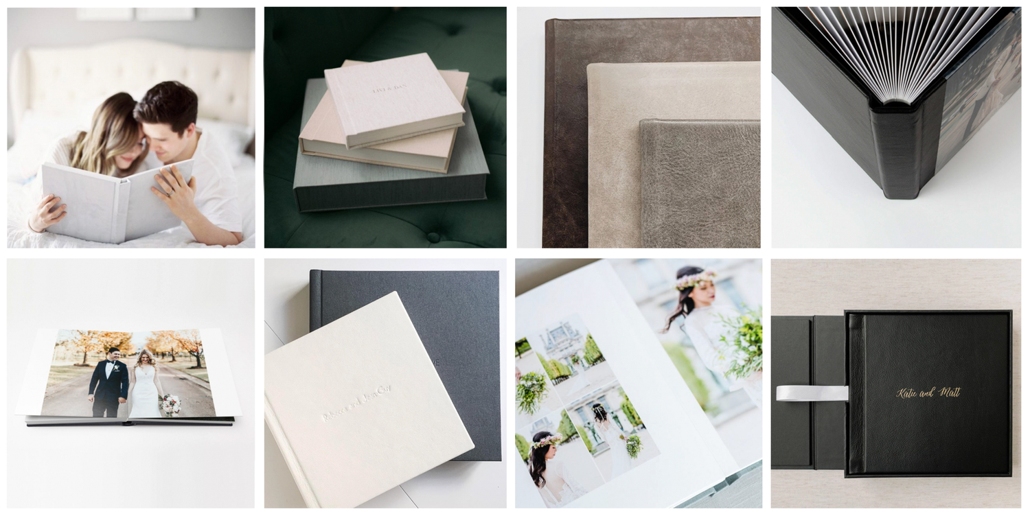 Elegant wedding photo albums and books displayed in a collage, featuring couples and floral designs in neutral tones.