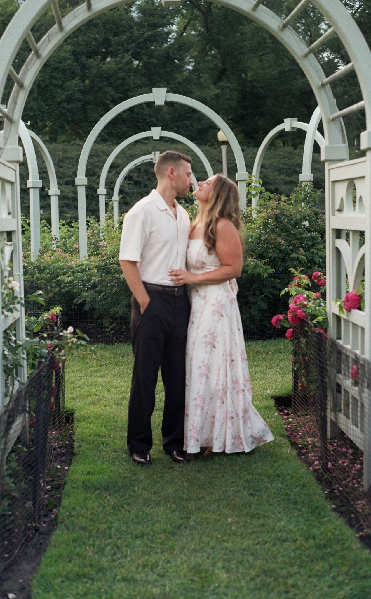 Couple sharing a romantic kiss under white garden arches surrounded by blooming roses and lush greenery.