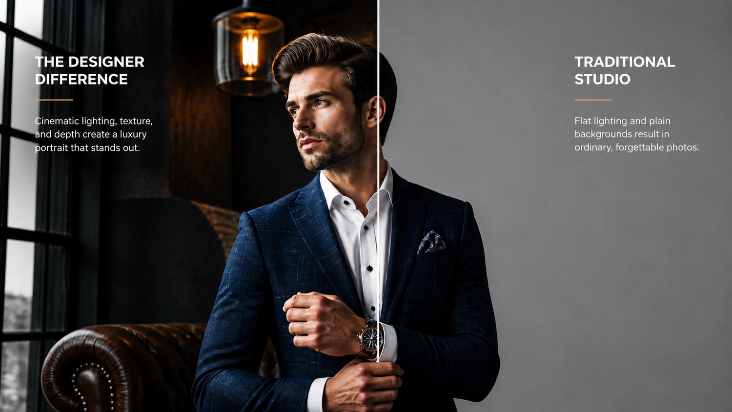 A well-dressed man in a navy suit poses confidently in a dramatic, moody studio setting with warm ambient lighting.