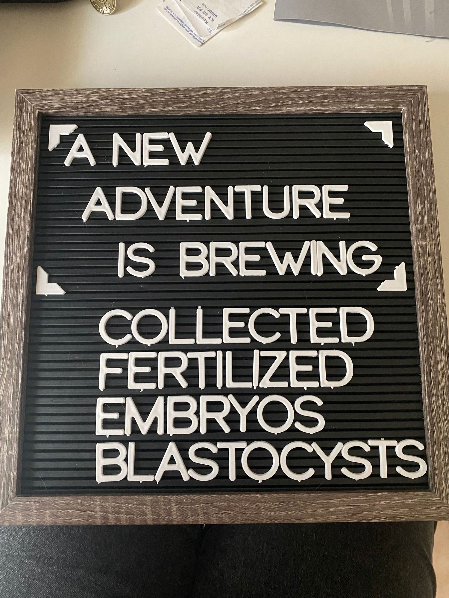 A series of black letter boards with white text spelling out 'A NEW ADVENTURE IS BREWING' in a rustic wooden frame display.