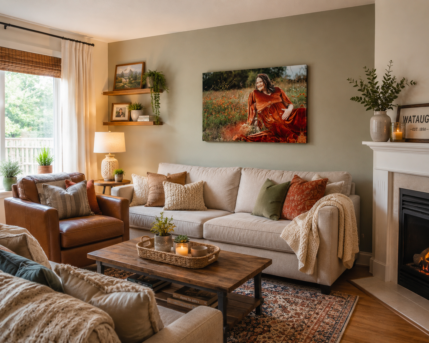 Cozy living room with beige sofas, wood coffee table, stone fireplace, and three family photo canvases on the wall.