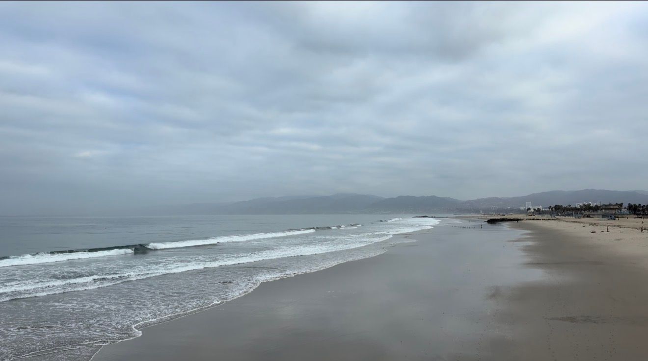 Overcast beach scene with gentle waves, sandy shore, and distant cityscape under cloudy skies.